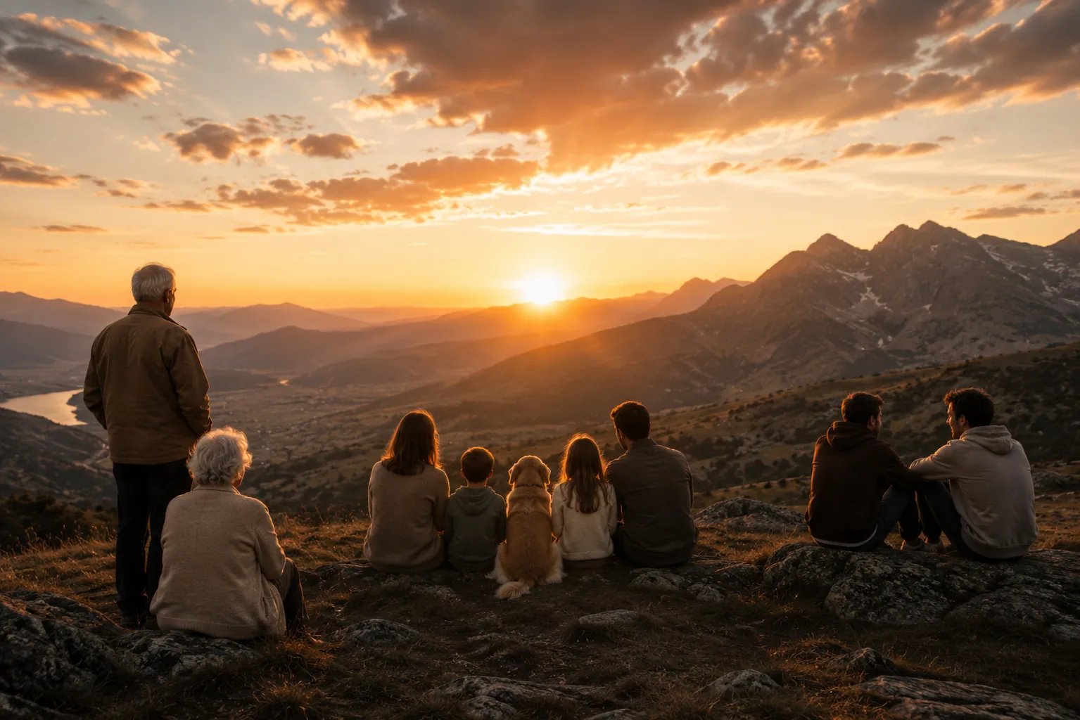 Tres grupos disfrutan de un atardecer en la montaña: una pareja de abuelos, una familia con perro y dos amigos